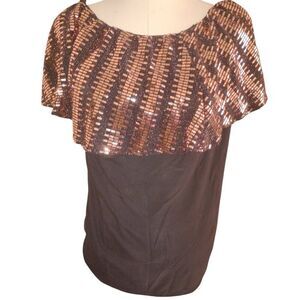 Plus Size Black Gold Sequin Ruffle Top Blouse Size 1X